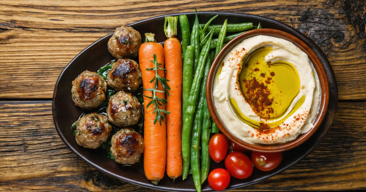 découvrez la recette parfaite de boulettes de viande savoureuses et légumes frais, accompagnées d'un houmous onctueux pour un repas équilibré et délicieux.